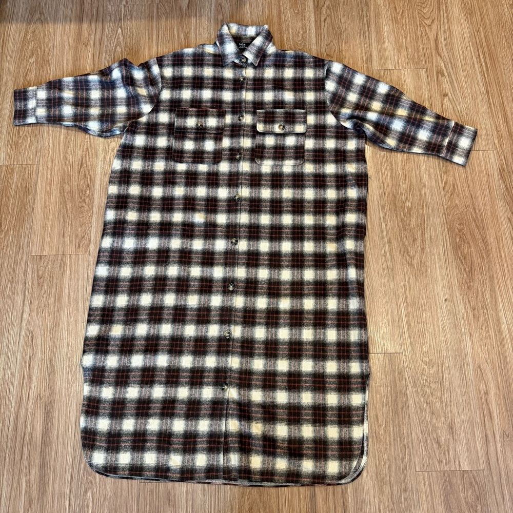 Dressed in LALA SAMPLE Brown and Cream Plaid Maxi Shirt Dress